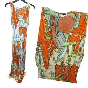 CANARI Sz L Orange Rayon Feel Printed Tropical Style Vacation Resort Maxi Dress